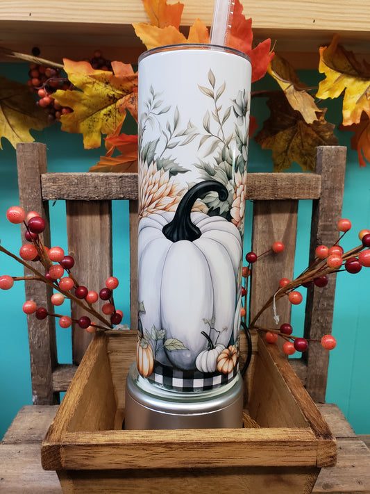 White Pumpkin with Buffalo Plaid 20oz Tumbler